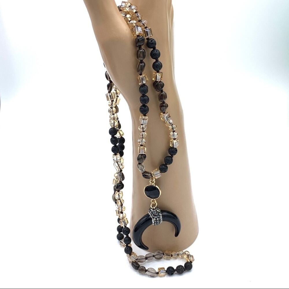 OX horn black moon gemstone‎ pendant necklace.